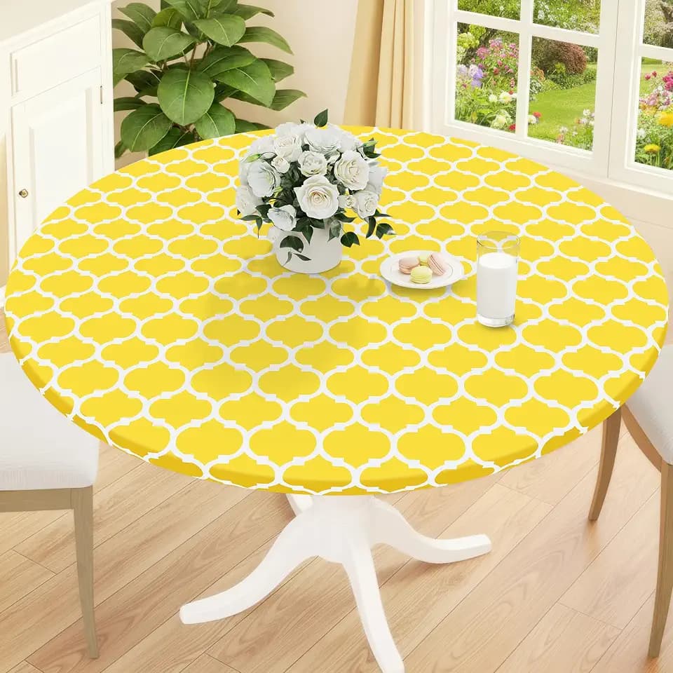 Smiry Round Picnic Tablecloth, Waterproof Elastic Fitted Table Covers for 57" - 68" Tables, Wipeable Flannel Backed Vinyl Tablecloths for Camping, Indoor, Outdoor, Yellow & White