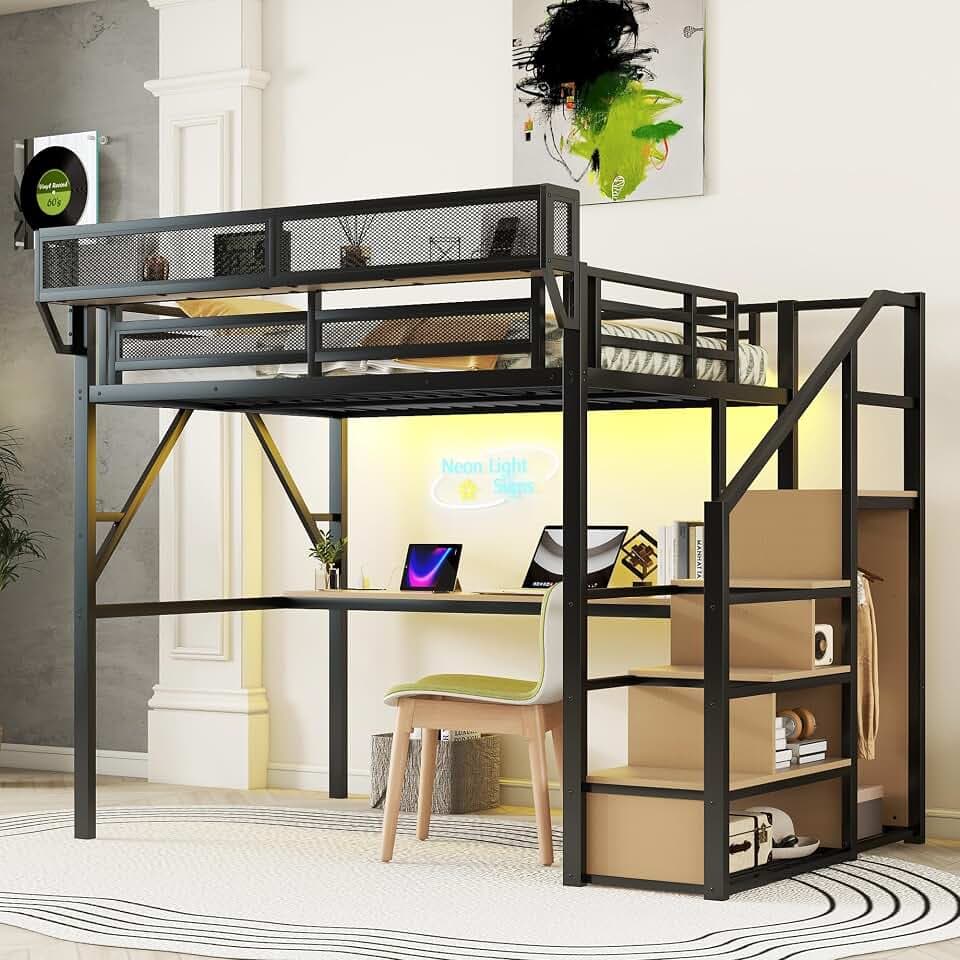 KEIKI Full Size Metal Loft Bed Frame with Desk, Staircase, Built-in Storage Shelves and Wardrobe, Modern Loft Bed with Solid Slats, Guardrail, No Box Spring Required, Easy Assembly, for Bedroom, Black