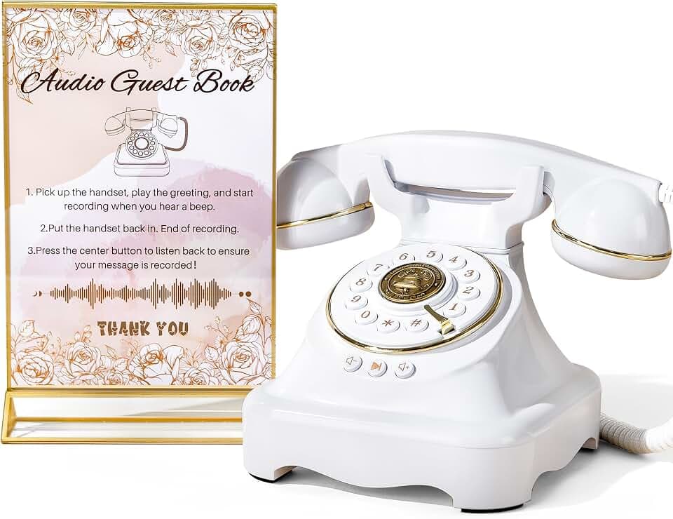 Audio Guest Book Wedding Phone with One-Touch Playback & Adjustable Volume for Wedding, Anniversary, Birthday Parties, Baby Shower(White S)