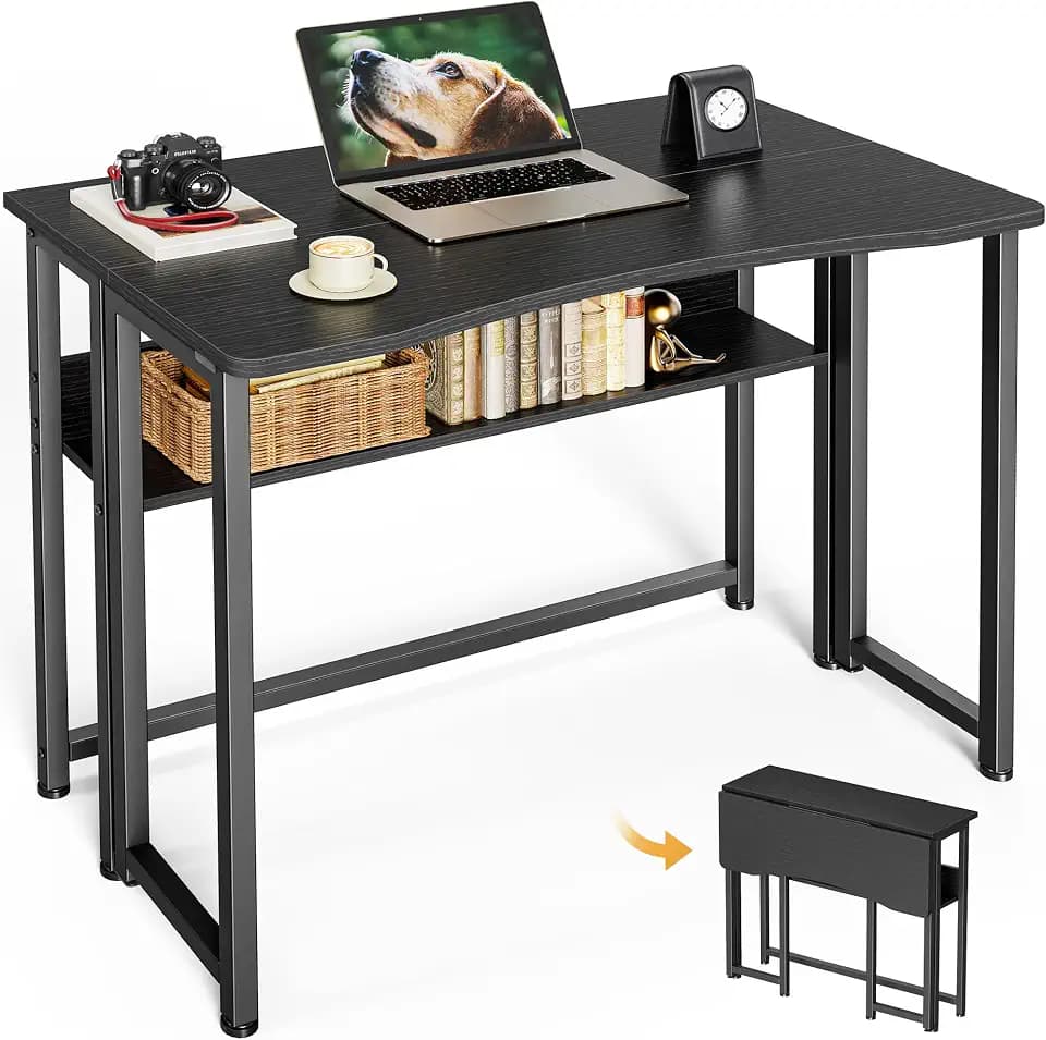 Huuger Folding Desk with Storage Shelf, 31.5 Inch Foldable Computer Table