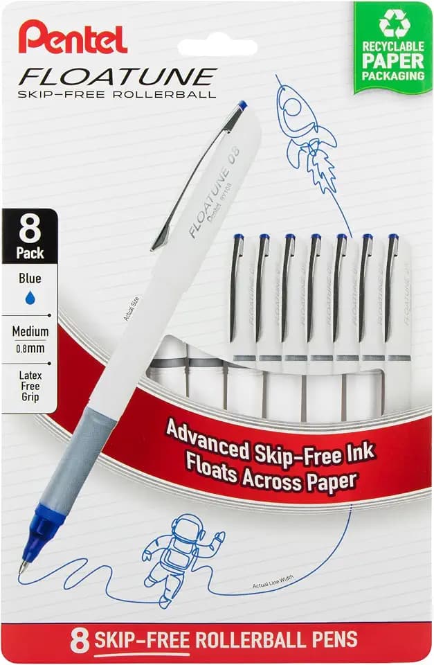 Pentel Floatune Rollerball, 0.8mm medium point, Blue Ink, Pack of 8 pens (BY108PF8C)