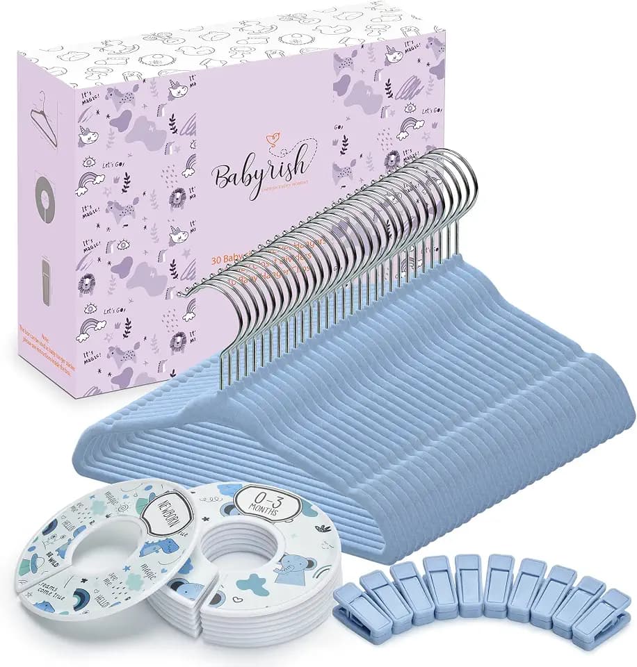 Babyrish Velvet Baby Hangers with 10x Clips and 8X Dividers (30 Pack) | 11” Ultra-Slim Baby Clothes Hangers | Non-Slip Felt | Space-Saving Nursery & Infant Closet Organizer | Blue