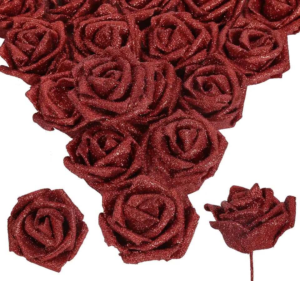 30pcs Glitter Red Roses Foam Flowers with Stems Fake Roses Real Looking Flowers for Bridal Shower Centerpieces Wedding Bouquet Table Decorations for Party