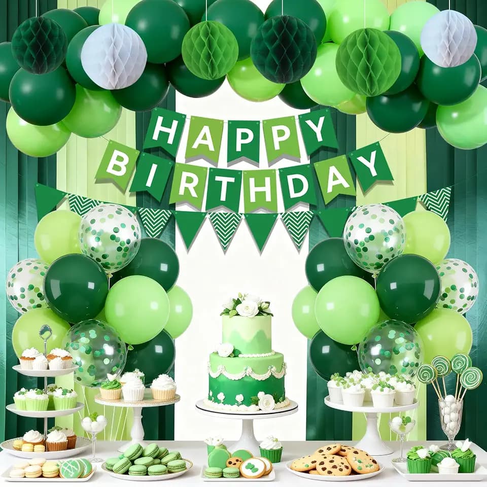 Green Happy Birthday Banner Decorations With Paper Flag, 2 Rolls Streamers and 32 Colorful Balloons, 6 Honeycomb Ball, Birthday Party Supplies for Women Men Boys Girls (Green)