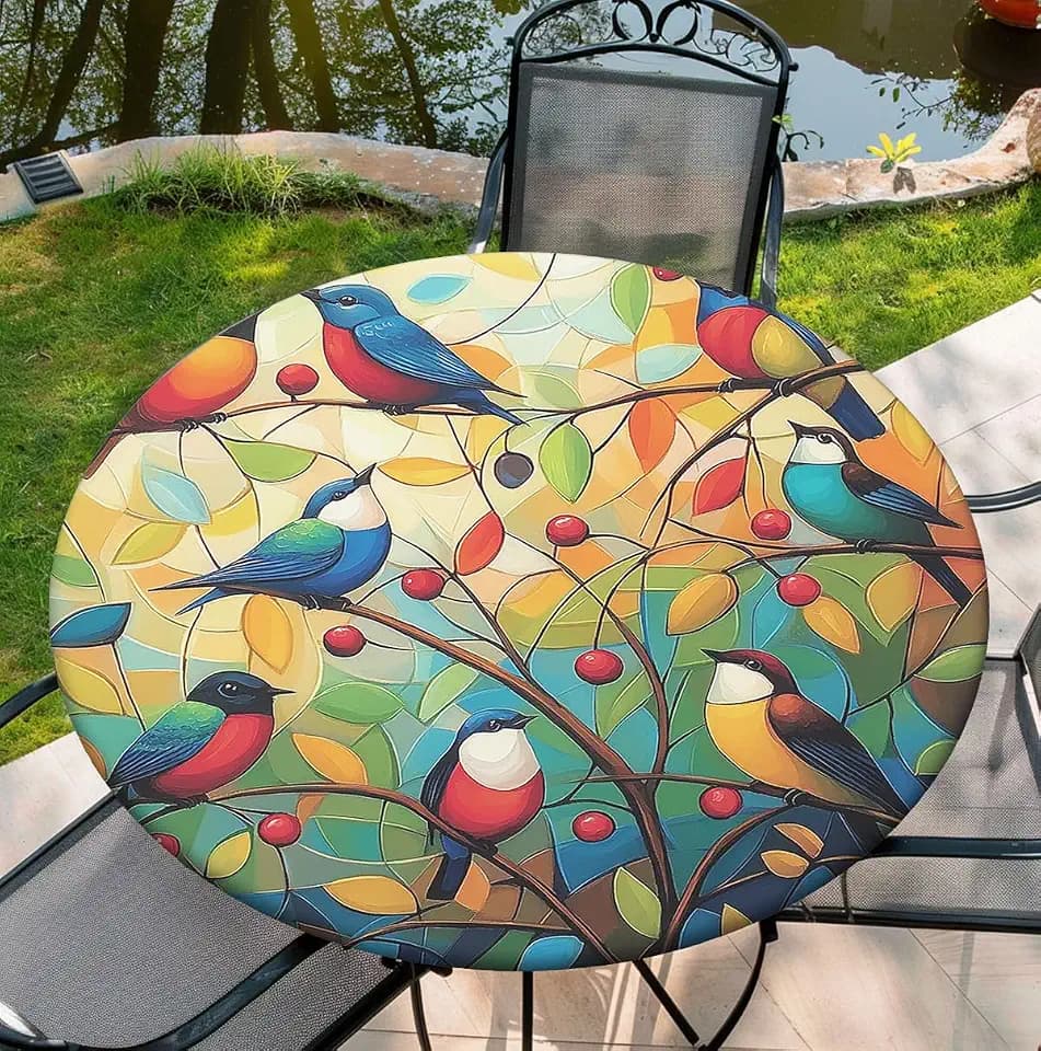 Fall Round Tablecloth 54"-58", Bird Round Table Cloth for Holiday Wedding, Polyester Elastic Tablecloth for Table, 60Inch
