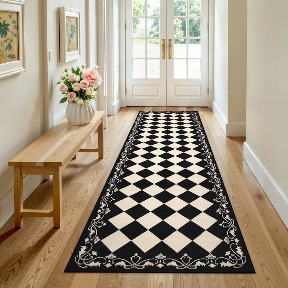 Beeiva Checkered Black Runner Rug for Hallway 2.5x8, Washable Runner for Entryway Bathroom Ultra Thin Non Slip, Moroccan Stain Resistant Print Kitchen Rug 8ft, Plaid Carpet for Besides Laundry Decor
