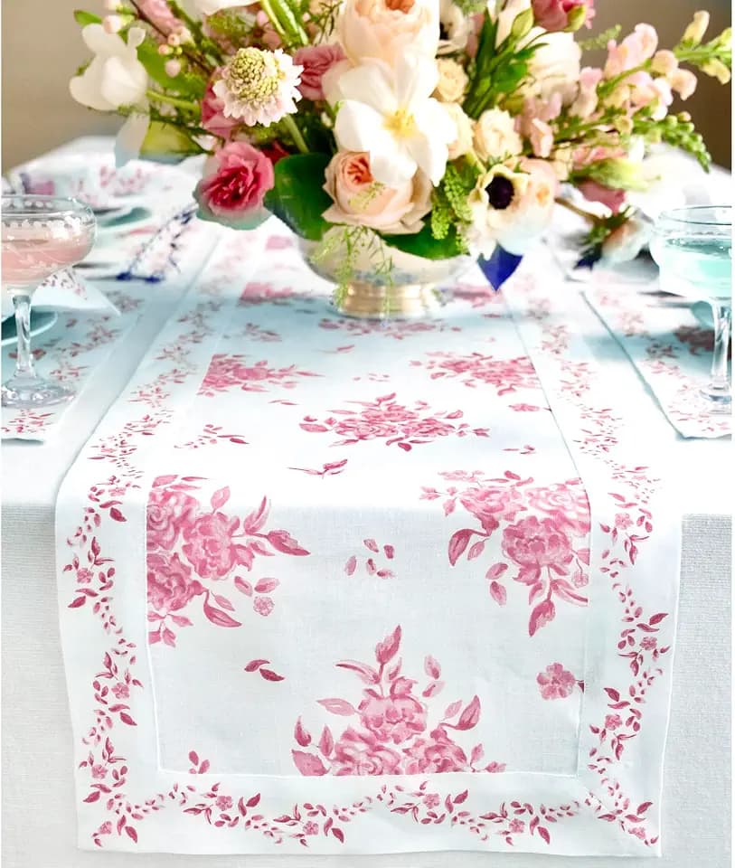 Solino Home 100% Pure Linen Table Runner Pink Woven, Jolie Fleur 14 x 72 in
