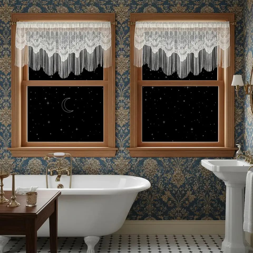 Lounsweer 2 Pcs 56 x 23 Inch Lace Scalloped Valance for Window 1.5 Inch Rod Pocket Victorian Window Treatment Swag Valance Ivory Floral Lace Curtain for Living Room Bedroom (56 x 23 Inches,Elegant)