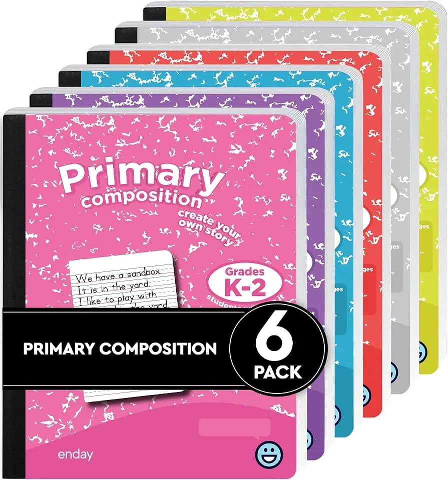 Enday Primary Composition Notebook K-2, Primary Ruled Composition Book, Primary Composition Notebook for Kids, 100 Sheets kindergarten Notebook, Pink, Purple, Green, Blue, Red, Grey (6 Pack)