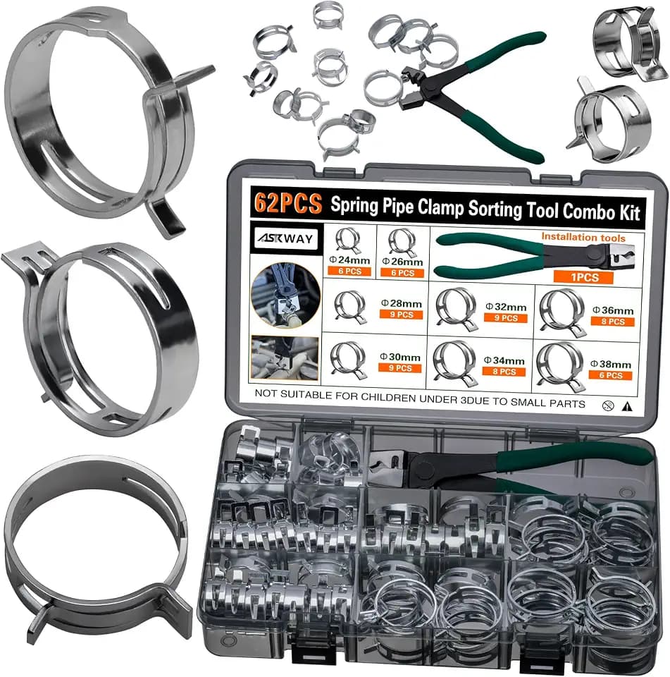 Automotive spring hose clamps 24-38 mm, 62 pcs fuel coolant pipe clamp tools in 8 sizes, used to fix hose interfaces in automotive, marine, gardening, and industrial applications
