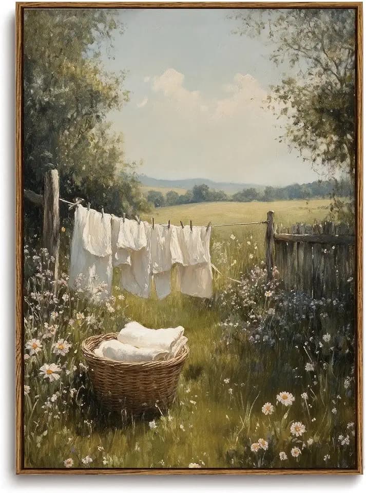 KISSFOX Vintage Framed Wall Art For Laundry Room Decor Country Landscape Pictures Wall Decor Rustic Summer Wildflower Canvas Art Prints Modern Farmhouse Paintings Artwork