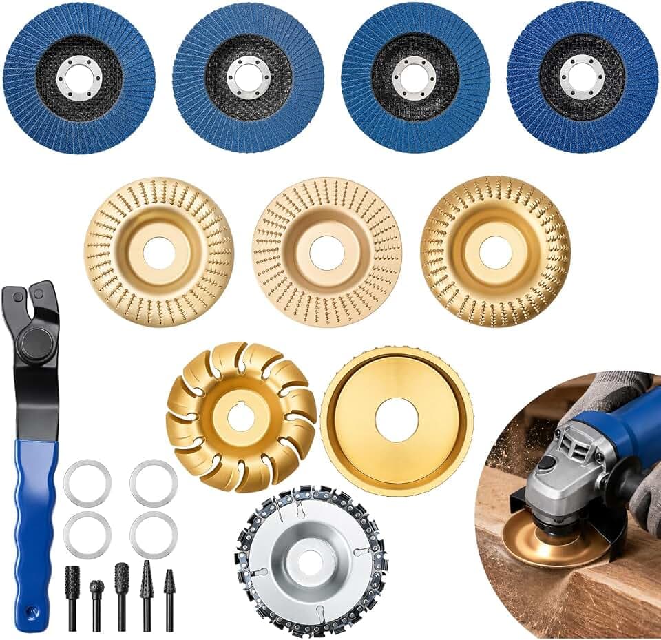 Ultimate 20 Pcs Wood Carving Disc Set for 4"-4 1/2" Angle Grinder,Professional Woodworking Kit with Shaping Wheels, Chainsaw Discs,Rotary Burrs & Flap Wheels for Sculpting Shaping Sanding & Polishing