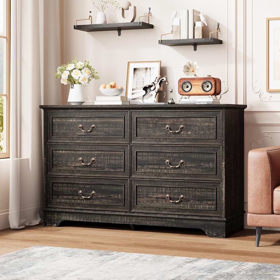 Garvee 6 Drawer Dresser for Bedroom - 47" Wide Double Chest of Drawers, Vintage Drawers Organizer for Living Room, Hallway, Entryway, Dark Oak
