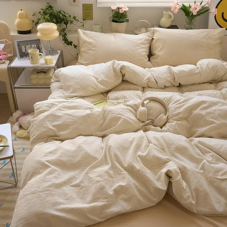 LifeTB Tan Gingham Comforter Set Full Romantic Lace Style Beige Taupe Plaid Comforter Set 3 Pieces Vintage Checkered Grid Comforter with 2 Pillowcases Fluffy Soft Farmhouse Gingham Bedding Set
