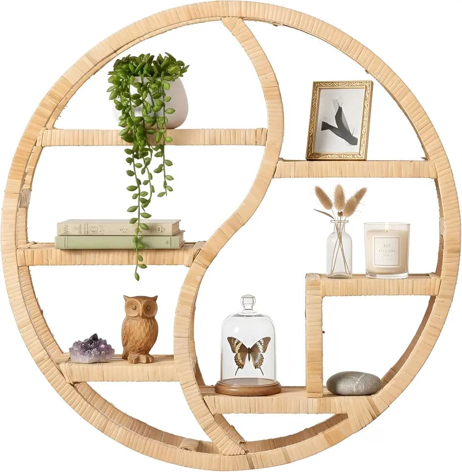 Vintiquewise Round Bamboo Wall Shelf with 6-Tier Wooden Display Sections – Boho Circle Hanging Shelf for Living Room, Bedroom, Entryway & Home Decor, Plants & Collectibles