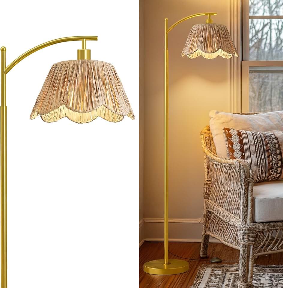 Oneach Arc Floor Lamp for Living Room,Rattan Boho Floor Lamp Decor with Hand-Woven Shade, Foot Switch,Gold Metal Base & Pole,Farmhouse Standing Lamp for Bedroom Corner,Reading