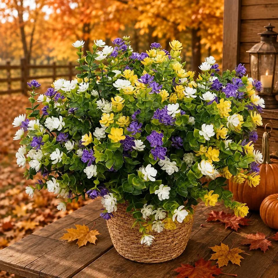 UV Resistant Artificial Flowers for Indoor and Outdoor Use, 12 Bundles Not-Fading Faux Plants for Porch, Patio, Garden, and Home Decoration - Yellow Purple White