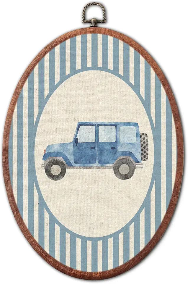 Vintage Vehicle Nursery Oval Wall Art Framed, Blue Striped Canvas Prints