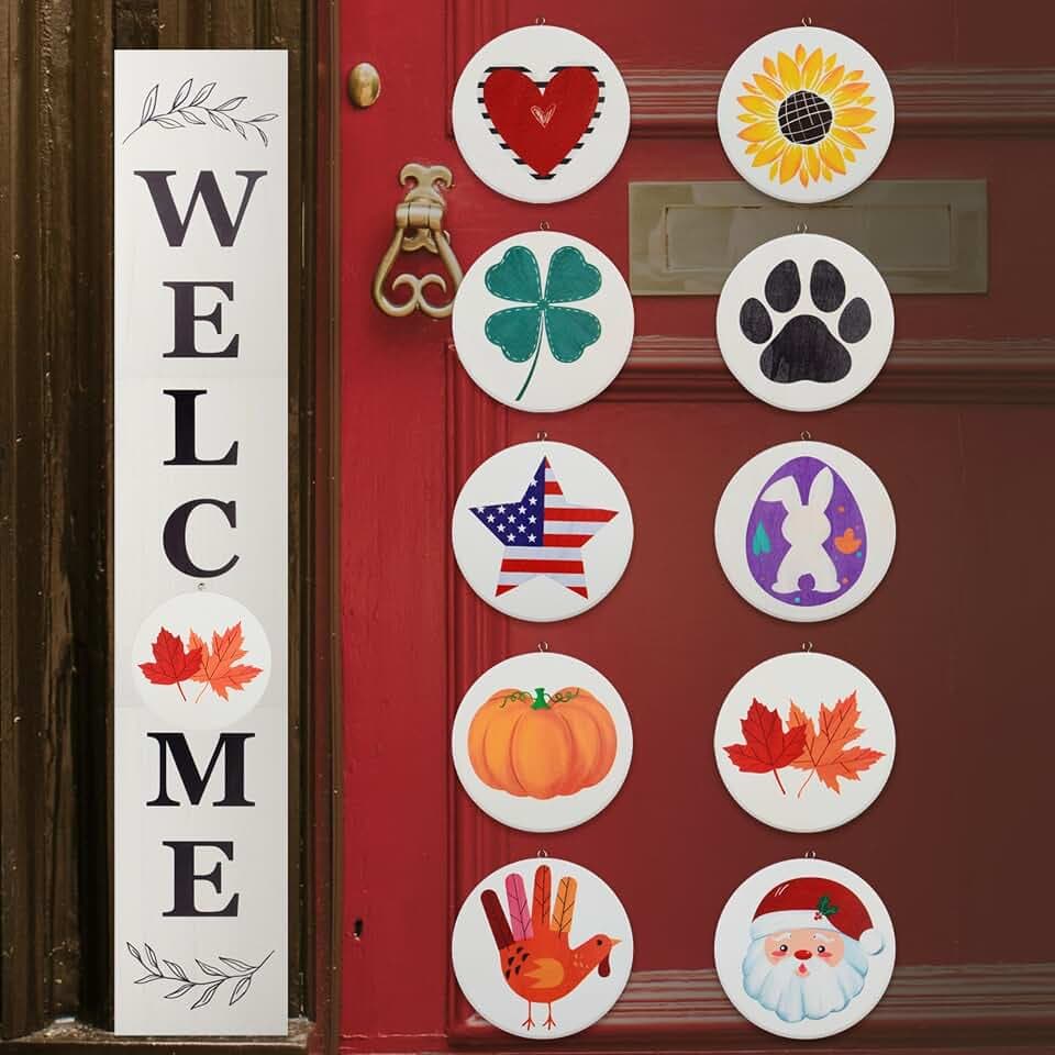 Perfnique Interchangeable Welcome sign for front porch standing, 47 x 7.9 Inch Black Wooden Leaner Sign with 10 Interchangeable Designed Icons, Modern Farmhouse Rustic Seasonal Decor for Spring Easter Fall Christmas (White)