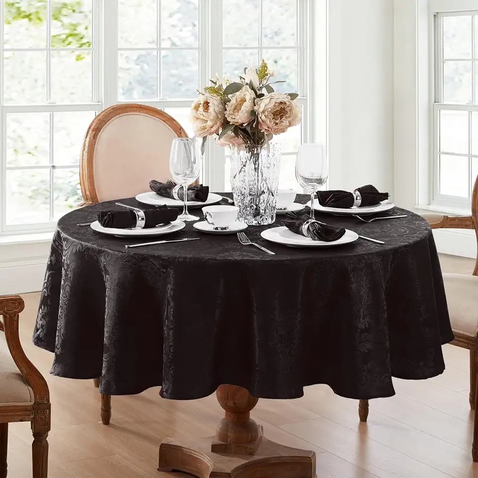 Threadmade Caiden Elegance Damask Waterproof, Stain & Wrinkle Resistant Fabric Tablecloth, 70" Round, Black