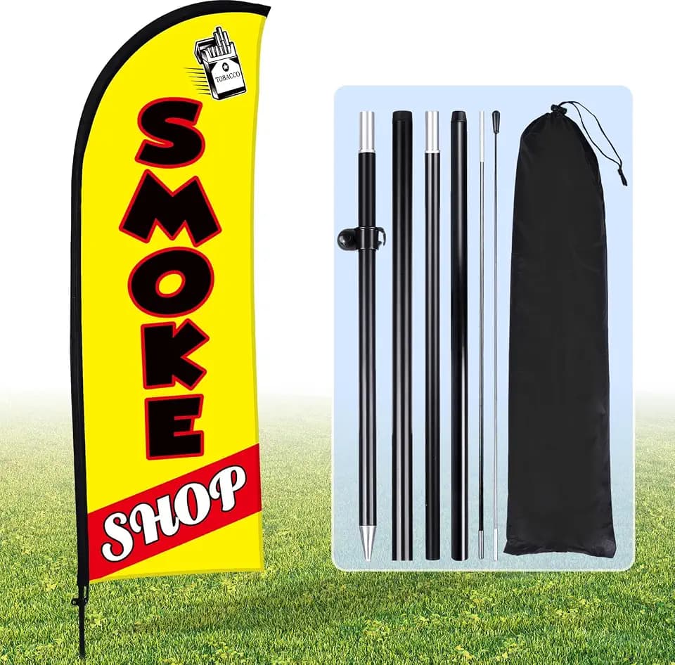 Buryeah Smoke Shop Feather Flag Kit 7x5.4 ft with Pole Stake, Yellow