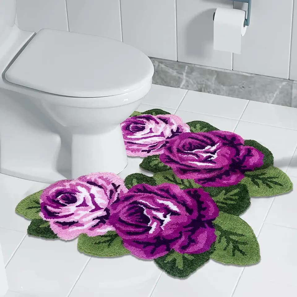 ABREEZE Rose Rug Toilet Rug, Shaggy U-Shaped Bathroom Rugs, Soft Comfortable Contour Mat for Bathroom Floor Rose Shaped Carpet, 31 X 29, Non-Slip Bath Carpet, Purple