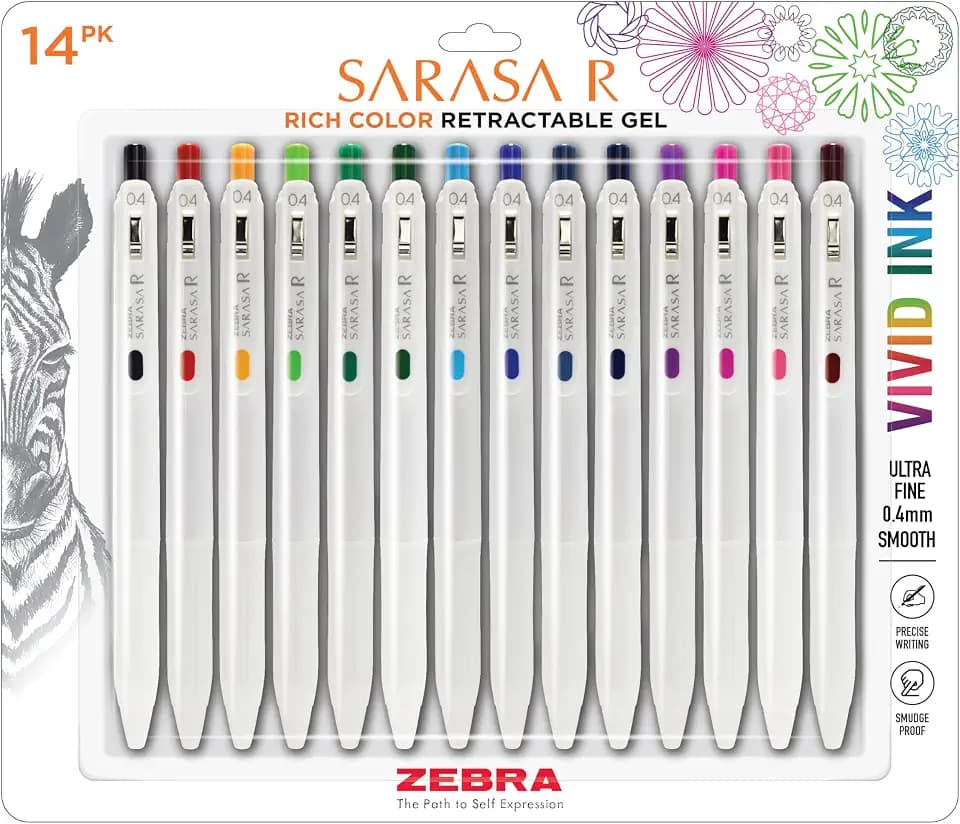 Zebra Pen SARASA R Vivid Gel Retractable Pen, Assorted Ink, 0.4mm, 14-Pack