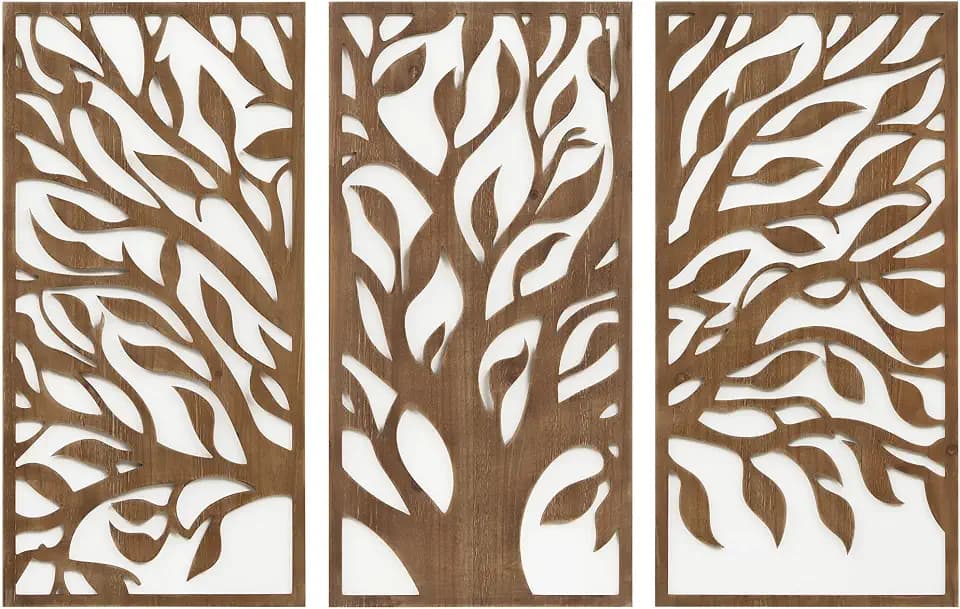 Madison Park Wall Décor for Living Room - Birch Botanical Two-Tone, Home Accent Modern Kitchen Dining Decoration, Ready to Hang 3-Piece Wood Panel Set for Bedroom, 16"W x 32"H, Tree of Life