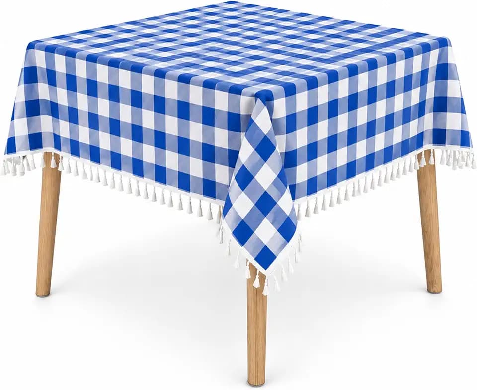 Gingham Table Cloth with Tassel 58x58 Inch Square - Farmhouse Rustic Fringe Plaid Tablecloth, Water-Resistant Checkered Buffalo Table Cover for Kitchen Dining Indoor Outdoor Use