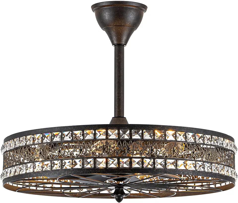 24 Inch Chandelier Ceiling Fan with Light, Vintage Crystal Caged Fandelier
