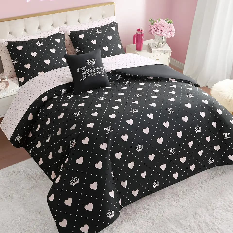 Juicy Couture Hearts Diamond Black Comforter Set 8-Piece Bed in a Bag, Queen Bedding Set