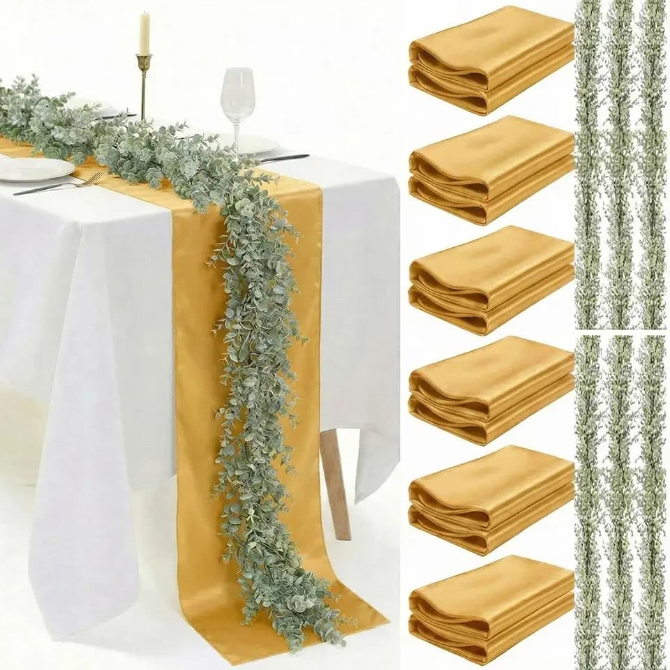 Zeyune 12 Sets Gold Cheesecloth Table Runner 108x12 Inch with Artificial Eucalyptus Garland Bulk Boho Polyester Table Runner for Wedding Centerpiece Baby Shower Birthday Party Decor