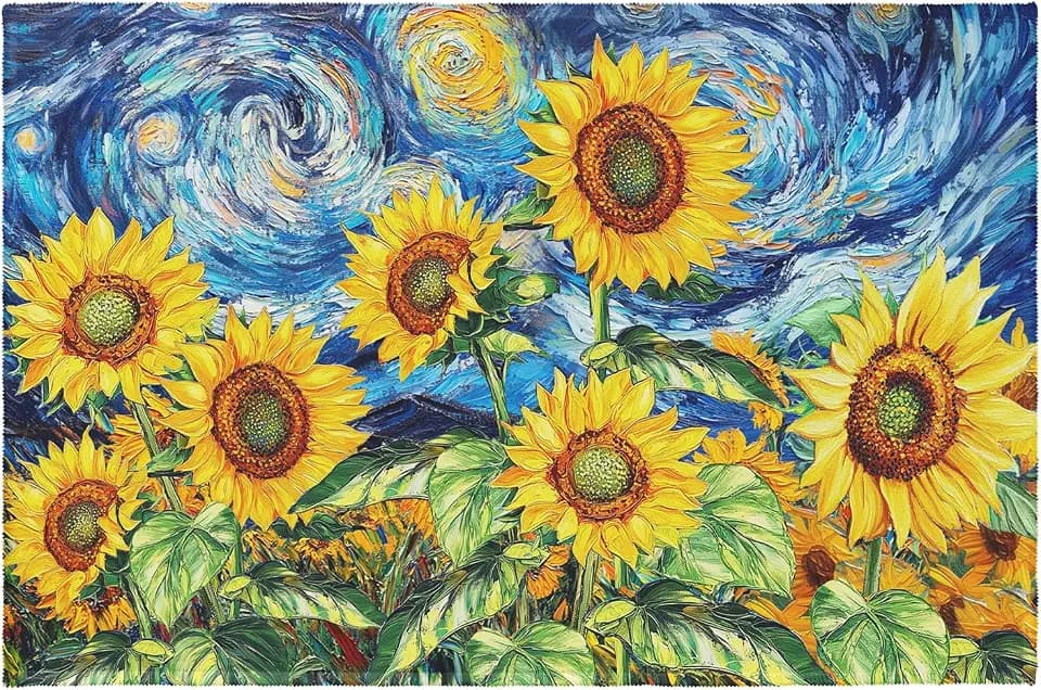 Sunflower Entryway Rugs 2x3 Summer Sunflowers Van Gogh Starry Night Art Indoor Carpet Small Non-Slip Low Pile Front Door Mat Washable Throw Rug for Kitchen Bedroom Bathroom Home Decor