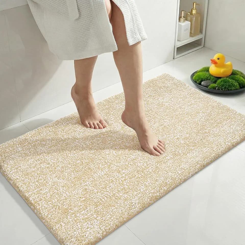 Yimobra Non Slip Machine Washable Bathroom Rug 36x24 Light Beige and White