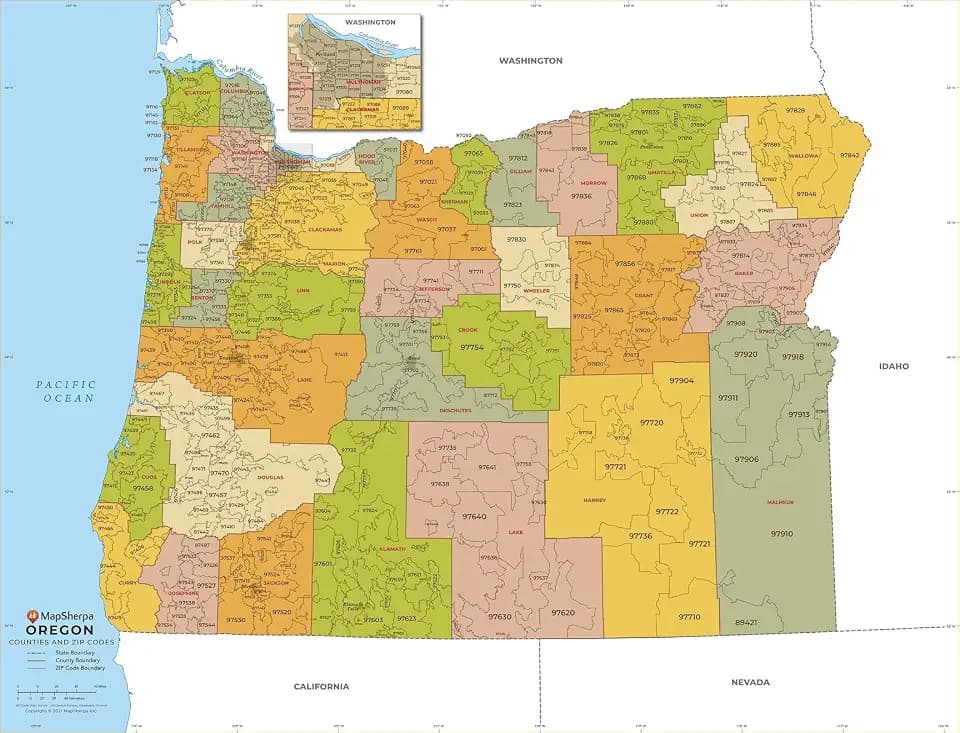 Oregon ZIP Code Map with Counties - Standard - 36" x 27.5" Laminated