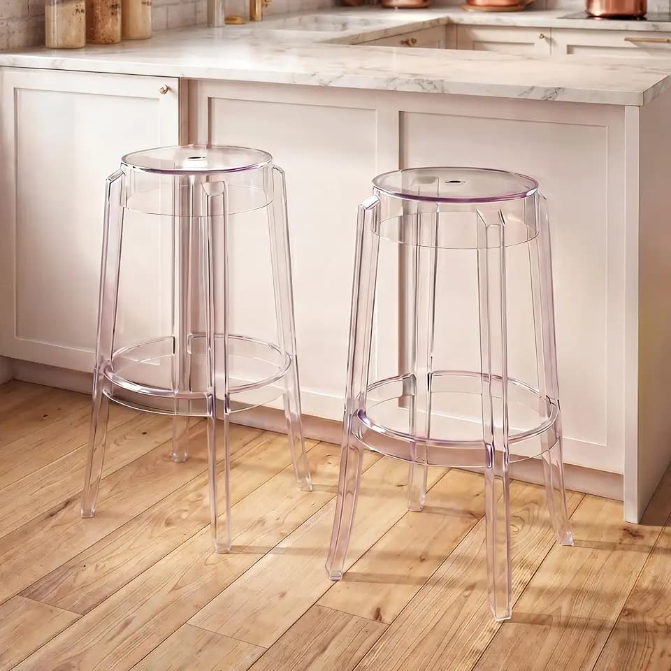 Clear Acrylic Bar Stools Set of 2, Modern Transparent Bar Height Stools, Stackable Ghost Chair Inspired Clear Plastic Bar Chairs for Home Bar, Kitchen Island, Dining Room, Restaurant, Café
