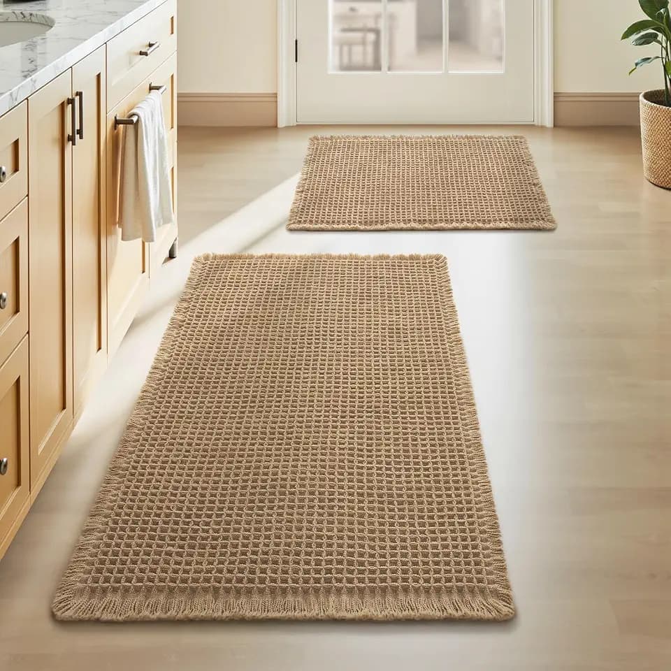 Upgraded Waffle Bath Mat Set of 2 Absorbent Bathroom Mat 17"x24" + 18"x30"
