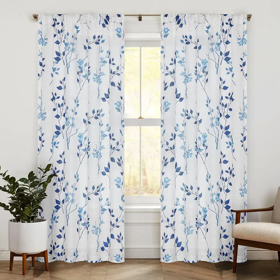 Beauoop Floral Linen Semi Sheer Curtains Living Room Blue Navy 50x96 2 Set