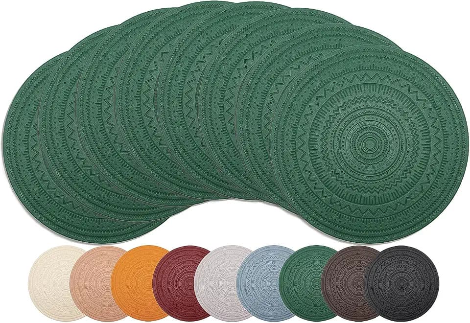15" Round Plastic Placemats Set of 8, Faux Leather Table Mats