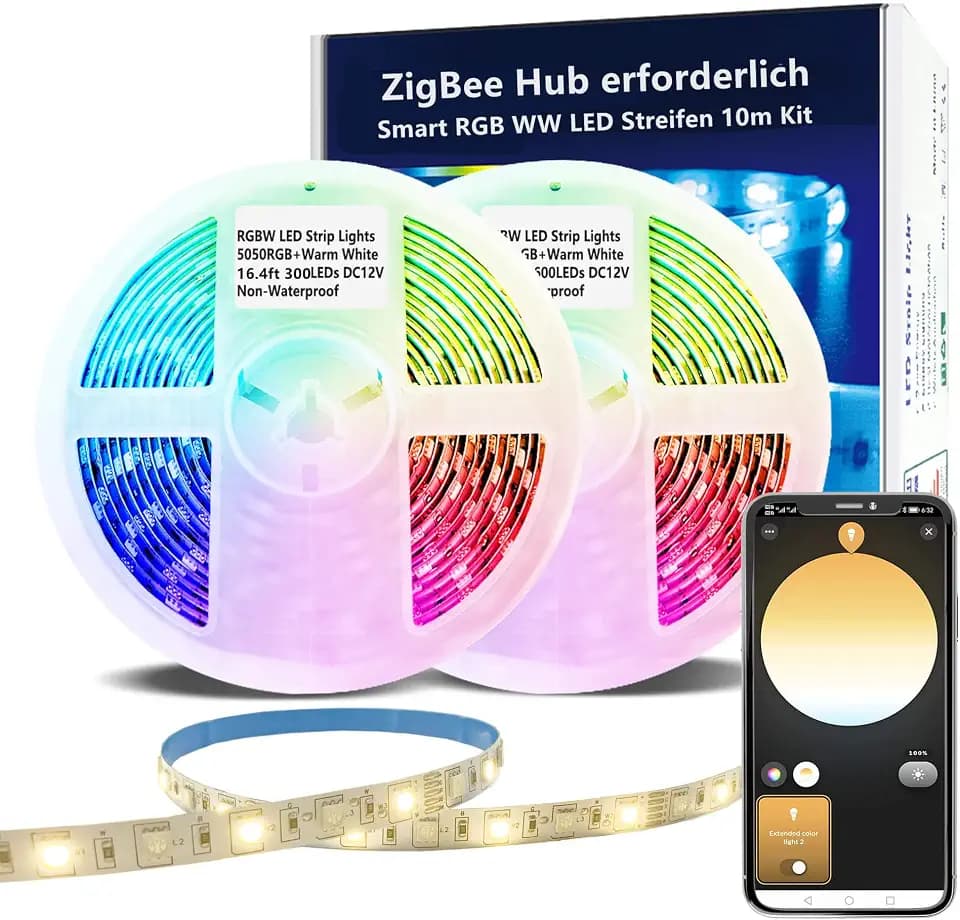 10m ZigBee RGBW LED Streifen Smart Dimmbares Kit,ZigBee 3.0 Controller funktioniert mit Hub Bridge Echo Plus für APP/Alexa Sprachsteuerung RGB Warmweiße RGBWW LED Strips Ambientebeleuchtung