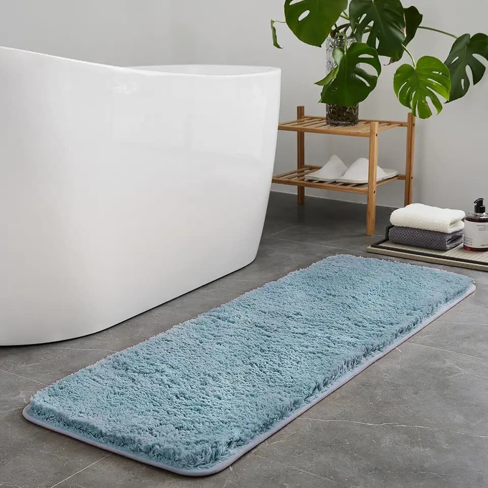 TECHMILLY Super Soft Shaggy Bathroom Runner Rugs, Absorbent Thick Non Slip Microfiber Bath Rugs, Quick Dry Machine Washable Bath Mat for Bathroom Floor, Bathtub and Shower 20"x47" Blizzard Blue