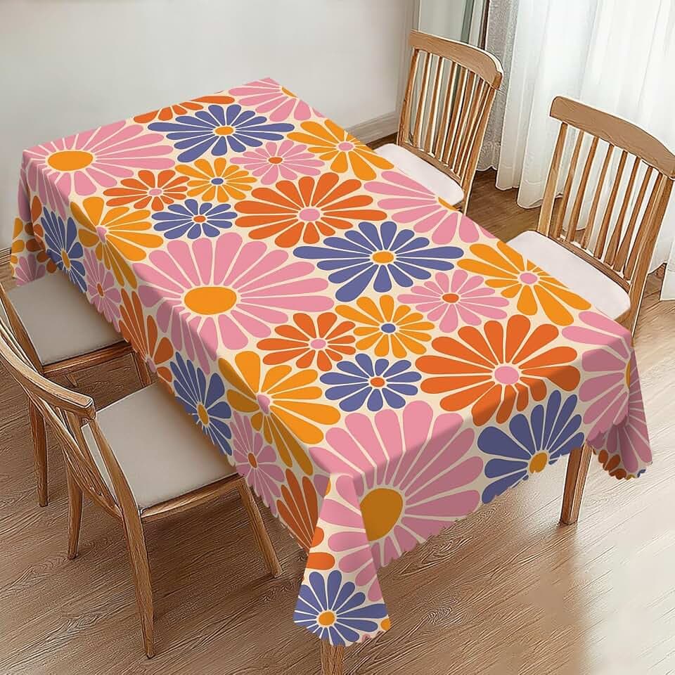Daisy Flowers Rectangle Tablecloths Retro Orange Pink Blue Flower Table Cloths Decorative Kitchen Dining Tablecloth for Rectangular Tables,Washable Table Cover for Party 54 x 72 Inch