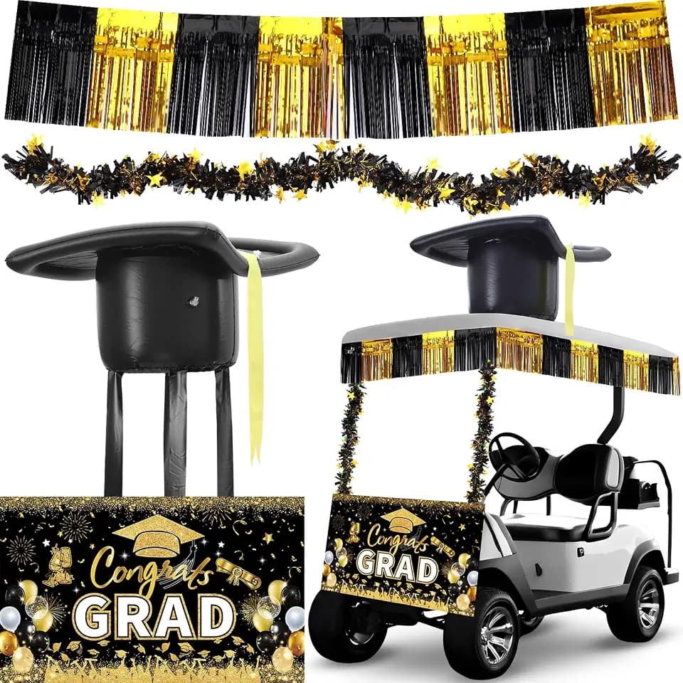 4 Pcs Graduation Golf Cart Decoration Kit Golf Car Accessories Inflatable Graduation Cap Foil Curtains Tinsel Garlands Flag for Car Decor Grad Parade Party Supplies