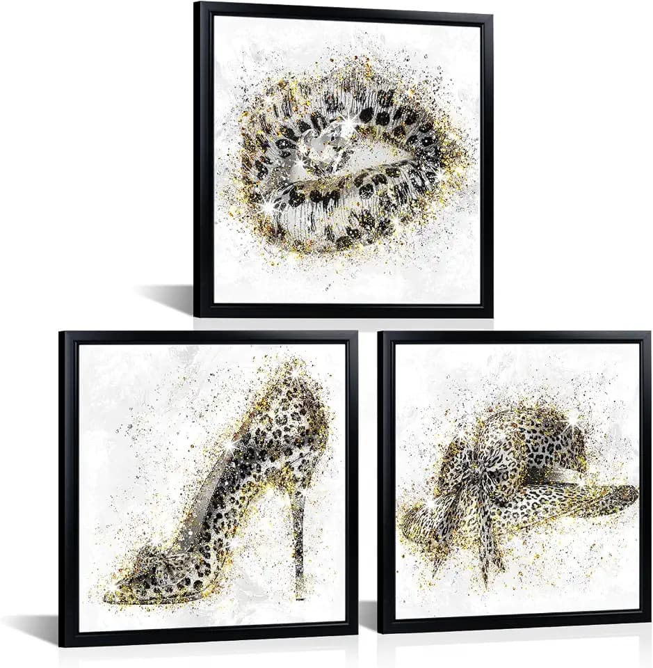 OuElegent Fashion Wall Art Set, 3 Piece Glam Glitter Canvas with Black Frame, Leopard Lips High Heel Hat Design, Modern Home Decor