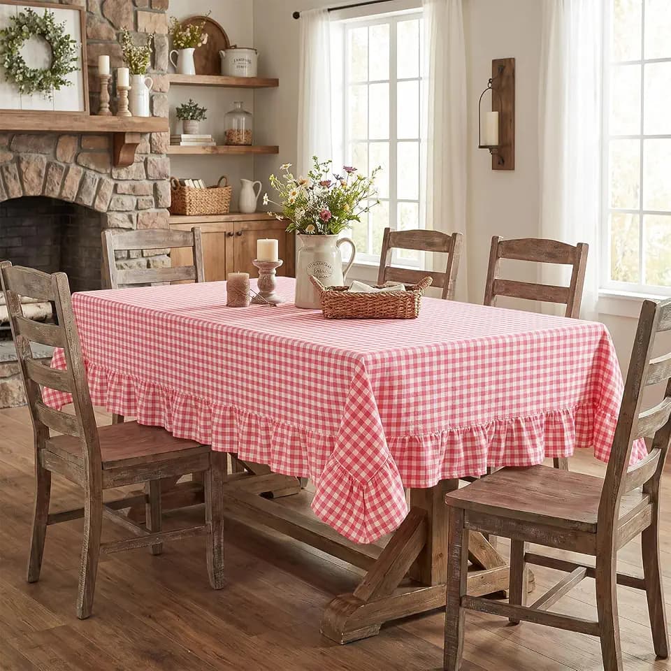 SquarePie Pink Gingham Ruffled Tablecloth 52 x 70 Inch