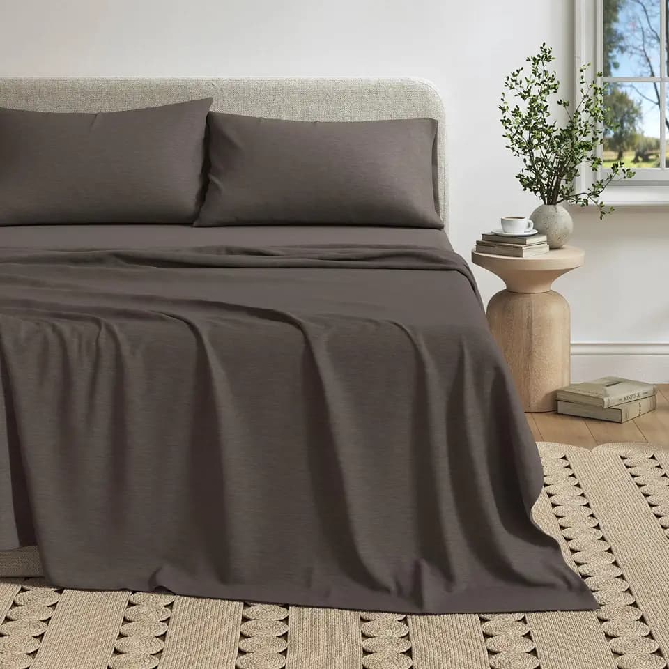Great Bay Home Cotton Jersey Knit Full Sheet Set - Ultra-Soft, Stretchy, Heathered Melange Bed Sheets - Cozy, Soft T-Shirt Sheet & Pillowcase Set (Charcoal)