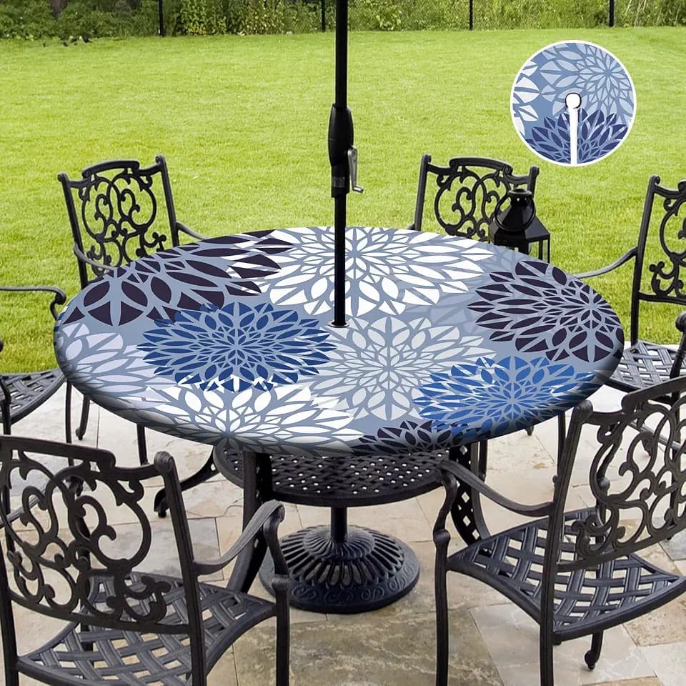 Outdoor Picnic Fitted Tablecloth with a Hole and Zipper,Waterproof Patio Table Covers,Elastic Camping Zippered Tablecloth for Picnic, Camping, Dinner,Fit 45"-54"(Round Flower)