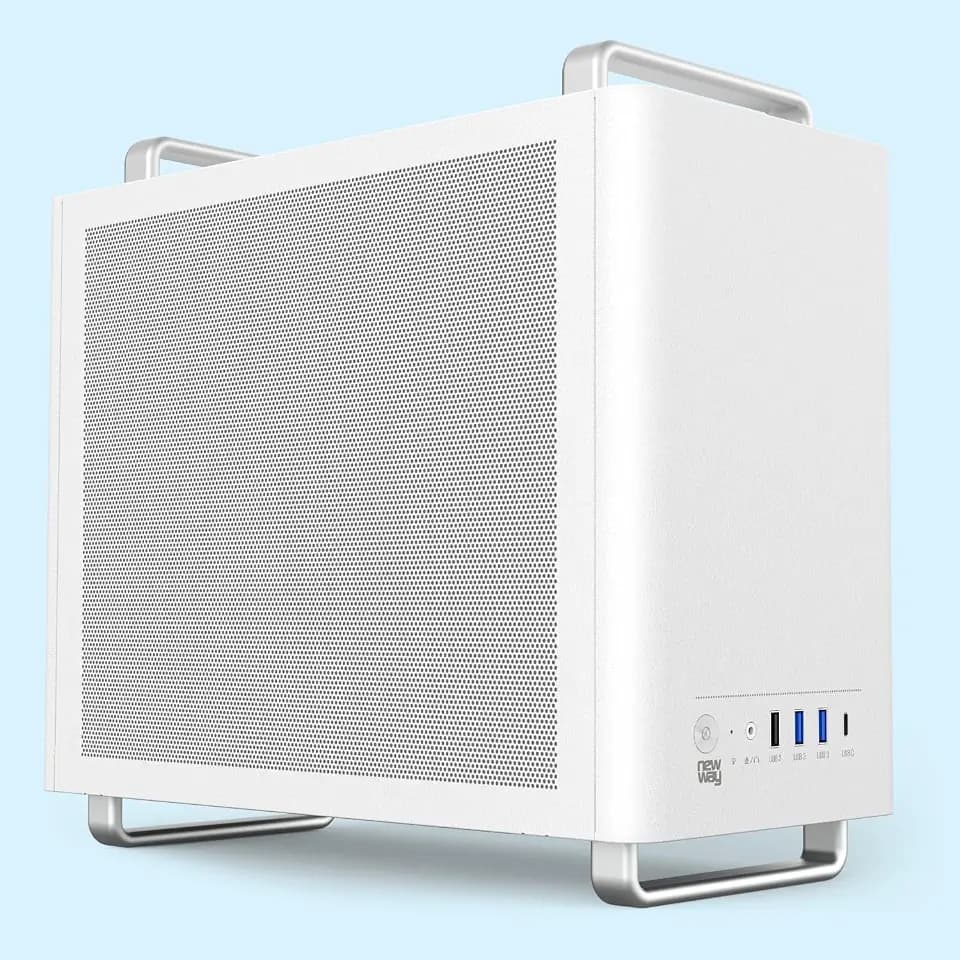 NEWWAY - NC1 Tragbares Mini-Tower-PC-Gehäuse - Kompatibel mit Mini-ITX, ITX, Micro-ATX - Typ C USB - 1 x Lüfter inklusive 9MM 3 PIN Molex - Metallgitterwand (Weiß)