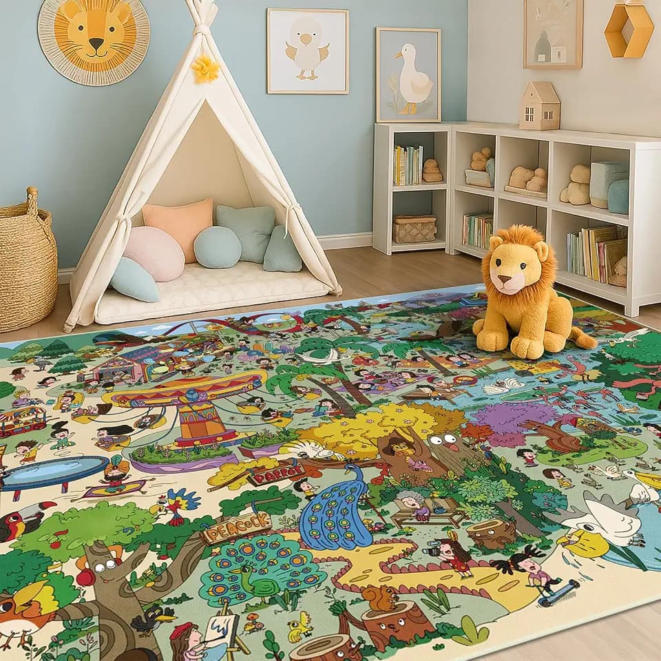 Whimsical Jungle Rug 6x9 for Kids Playroom – Cute Colorful Animal Safari Map, Forest & Playground Scene – Perfect for Classrooms, Darecare, Pre-School or Play Corners