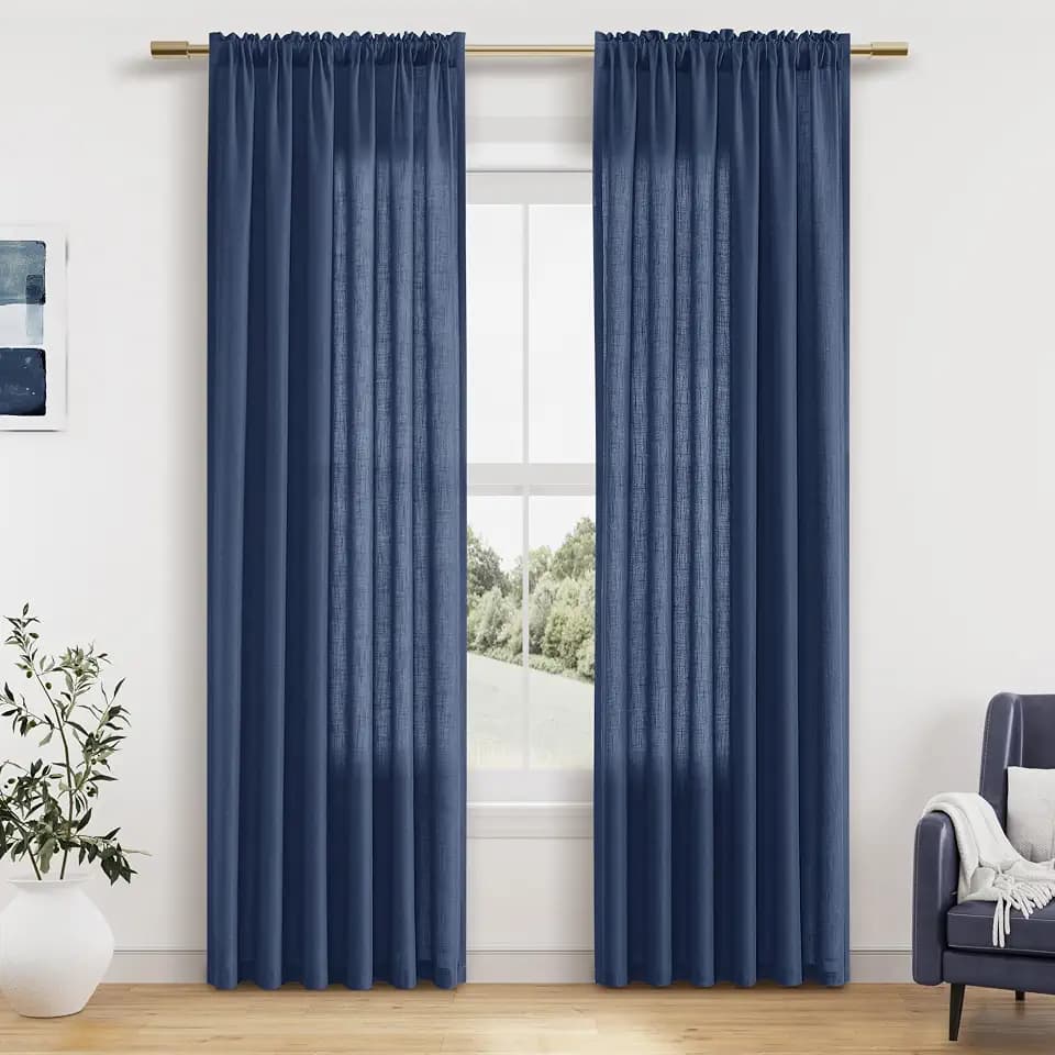 Guken Linen Curtains 84 Inch Long for Living Room Rod Pocket Denim Blue